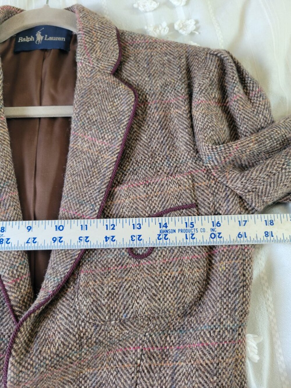 Vintage Ralph Lauren 100% Wool Herringbone Tweed Blazer Burgundy Trim Size 6 - Picture 9 of 13